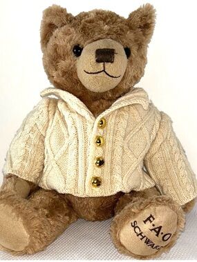 FAO Schwarz Plush Bear Button Cream Knit Leather Patch Sweater Medium Size Teddy